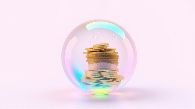 Shiny bubble encapsulates golden coins. Light reflects, creating rainbow hues. Minimalist composition, soft background. Financial security concept.