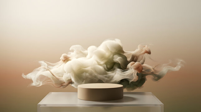A minimalist product display with smoke and a beige cylinder
