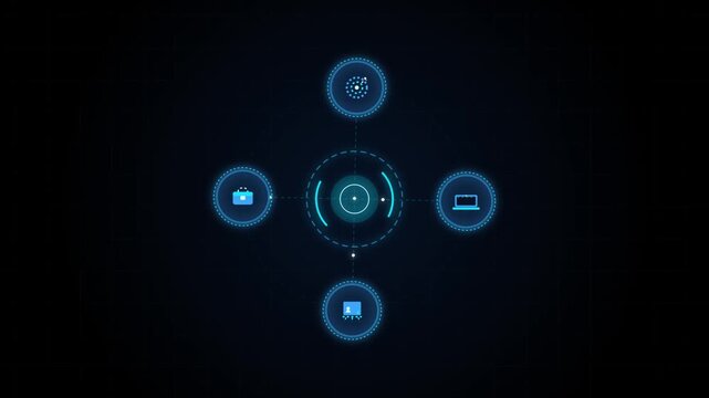 : A seamless loop motion graphic featuring a futuristic HUD digital interface with glowing blue elements. Four circular icons representing technology, business, and data rotate around a central tech t