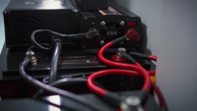 Silently gliding across a complete backup power setup the camera reveals an inverter connected to a battery with vivid red and black power cables on the terminals