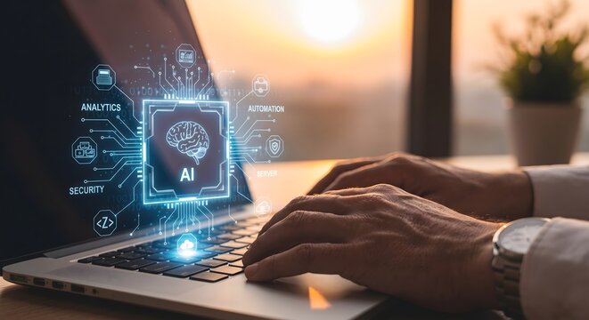 Person using laptop with AI interface showing brain analytics security and automation icons overlayed symbolizing artificial intelligence and digital transformation
