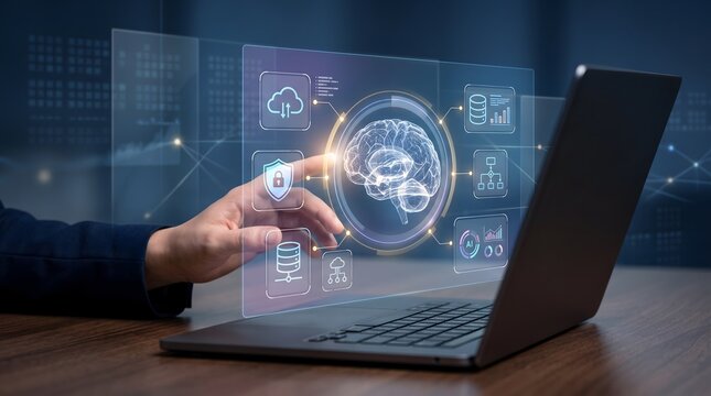 Human hand interacting with futuristic holographic interface displaying AI brain and data icons symbolizing artificial intelligence and digital transformation.