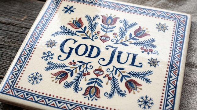 Premium Swedish Christmas greeting card featuring deep-blue hand-painted &ldquo;God Jul&rdquo; lettering on an ornate ivory ceramic tile with Nordic folk decoration.