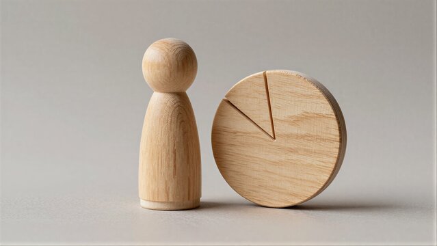 Wooden figure stands beside pie chart, symbolizing data or personal representation.