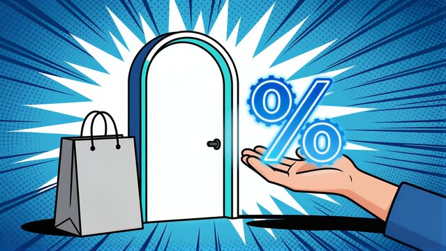 Hand offers 0% discount, shopping bag awaits at open door.