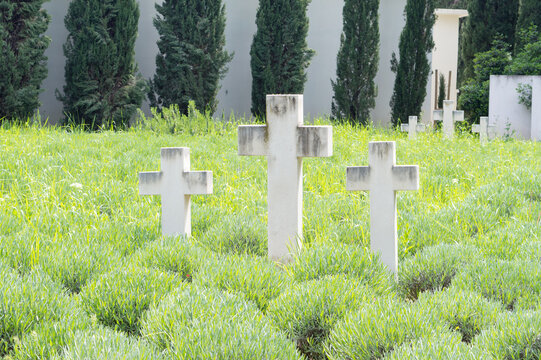White stone crosses in Lovrinac Cemetery, Split, Croatia