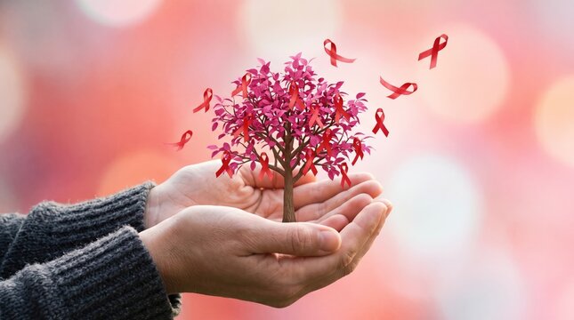 Hands holding a symbolic tree with red ribbons representing HIV awareness and support for World AIDS Day