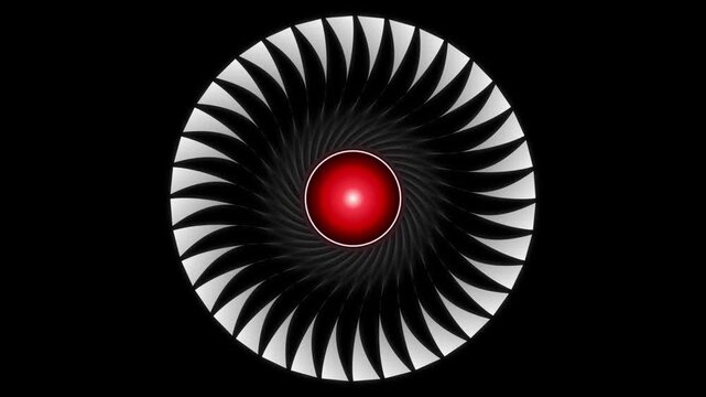 3D Futuristic Rotating Turbine Blades with Red Center on Black Background