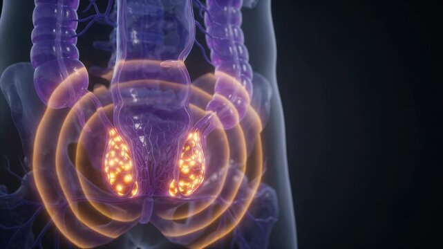 Human Prostate Gland Anatomy - Glowing Highlight in Pelvic Region with Digestive System - 3D Medical Animation CGI Footage