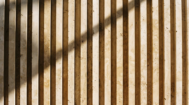 Textured travertine stone wall panel featuring vertical fluted pattern under sharp diagonal shadow play for modern architectural background design.