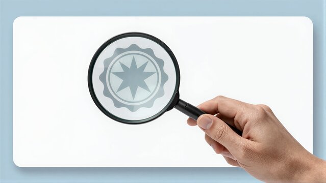 Hand holds magnifying glass over a star emblem on white background.