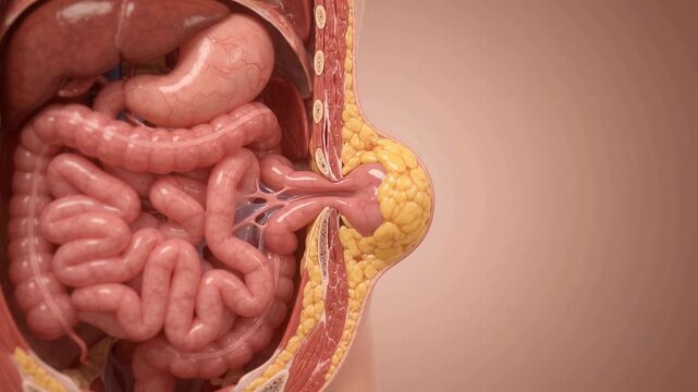 Human Abdominal Hernia - Intestine Protruding Through Muscle Wall into Subcutaneous Fat - Realistic 3D Medical Animation 4K Footage