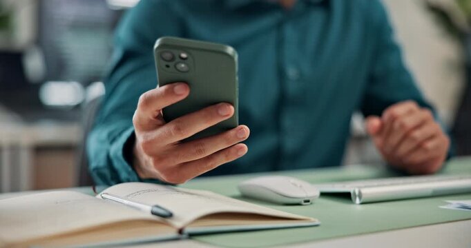 Texting, online and hands with phone in office, software development and typing message on website. Programming, info and person with technology, coder and communication with contact on mobile app