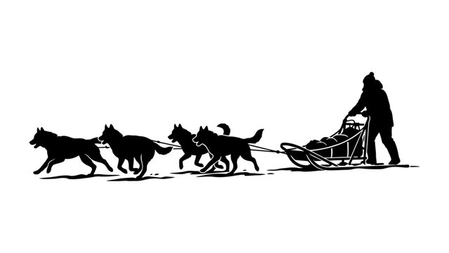 Dog Sledding Silhouette: A silhouetted figure guides a dog sled pulled by a team of four energetic dogs across a snowy landscape, capturing the essence of arctic travel and wilderness adventure.