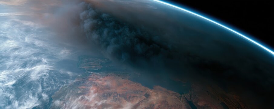 Earth view from space showing a massive dark smoke cloud covering continents below