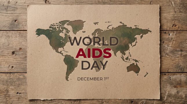 World AIDS Day awareness poster with global map illustration on rustic wooden background for health campaign