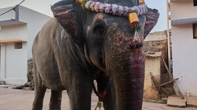 A video of a man riding an elephant walking along an Indian village street to collect food and money