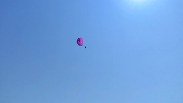 A person parasailing with a purple parachute under a clear blue sky. Extreme sport, water sport, summer activity, summer.