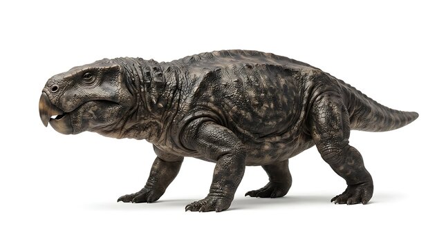 A realistic model of a dicynodont, a prehistoric mammal-like reptile, standing on a white background.