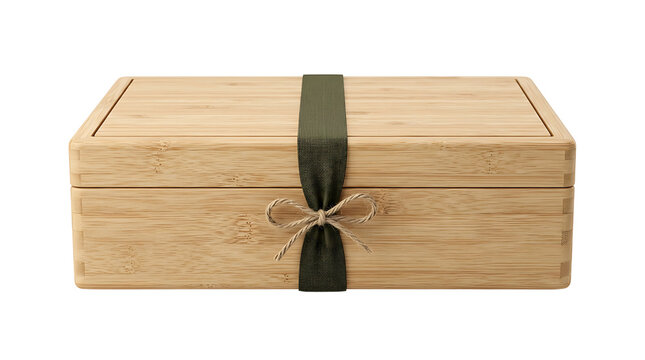Elegant wooden box with dark ribbon and twine bow on a transparent background