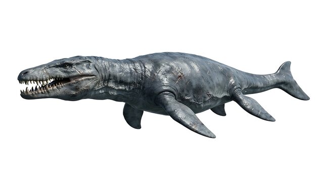 A realistic 3D rendering of a powerful prehistoric marine reptile, the Mosasaurus, swimming.