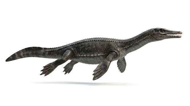 3D rendering of a prehistoric marine reptile, possibly a plesiosaur or mosasaur, swimming with a white background.