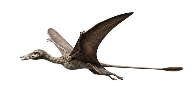 A detailed rendering of a prehistoric flying reptile, a pterodactyl, soaring with outstretched wings.