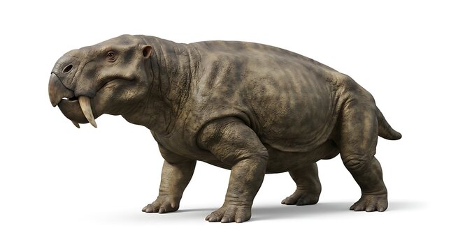 A detailed render of a Lystrosaurus, a prehistoric tusked synapsid, standing on a white background.