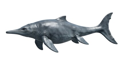 Obraz premium Detailed studio shot of a grey Ichthyosaur model, a prehistoric marine reptile, isolated on a clean white background.
