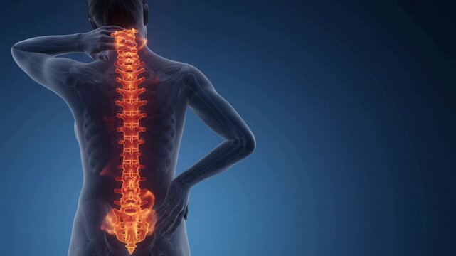 Human Spine Pain Visualization - Glowing Vertebrae on Female Anatomy Illustration - Medical 3D Animation Background