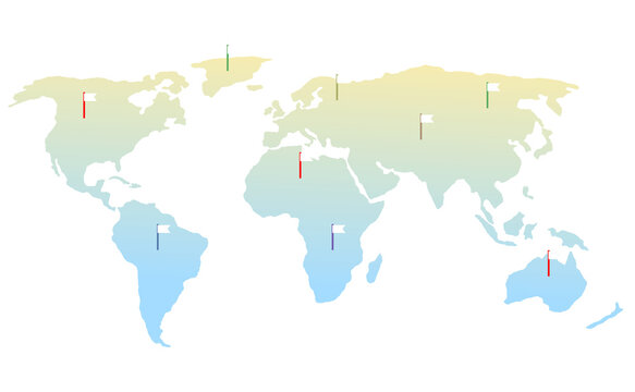 Pastel world map with location flags, Pastel world map silhouette on a transparent background with small flag markers across north america, europe, asia, africa, south america and australia.