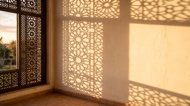 Golden hour sunlight through a carved wooden mashrabiya lattice window casting intricate Islamic geometric shadows on a warm plaster wall