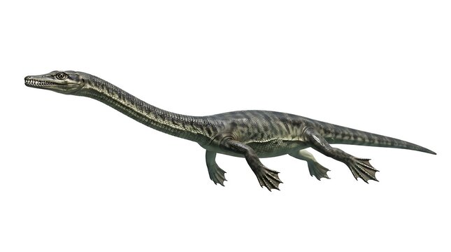A detailed illustration of a long-necked prehistoric marine reptile, possibly a plesiosaur or a similar aquatic dinosaur, with striped skin and webbed feet, isolated on a white background.