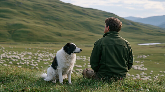 Sheep dog and herder pausing together on rain soaked hillside after a long gather, wool steaming slightly in cool air, scattered flock settling in the valley below, a career