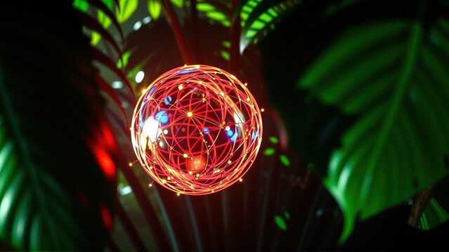 Glowing sphere amidst lush foliage. Red lines connect bright points within dark background. Vibrant colors create surreal scene.