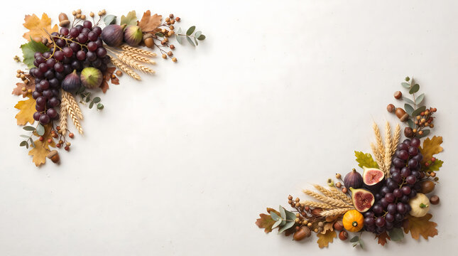 Autumn harvest frame with purple grapes and figs, fall seasonal border on white background, thanksgiving food arrangement with wheat and leaves