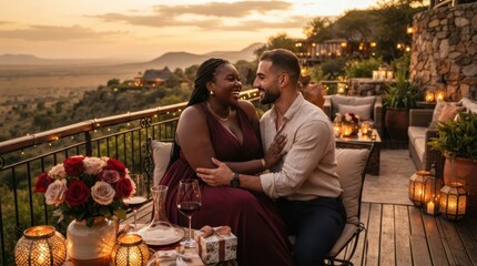 Fototapeta premium Happy couple sharing a romantic dinner on a scenic terrace during a beautiful golden sunset
