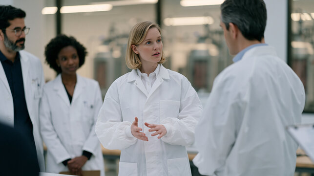 A fit modeling team in a hospital research wing tests garment ergonomics for medical wear alongside a multicultural group of clinicians, lab grown meat bioreactor units visible