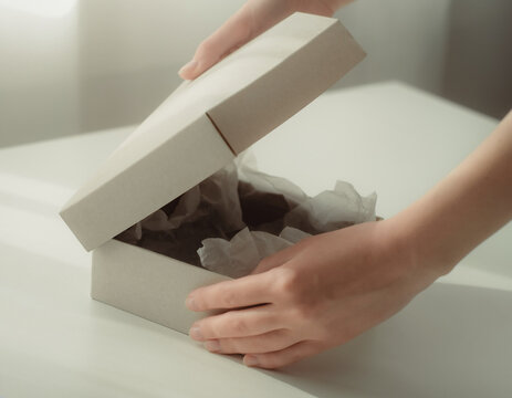 Hands opening a plain box, contents not revealed, copy space
