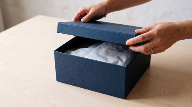 Hands opening a plain box, contents not revealed, copy space