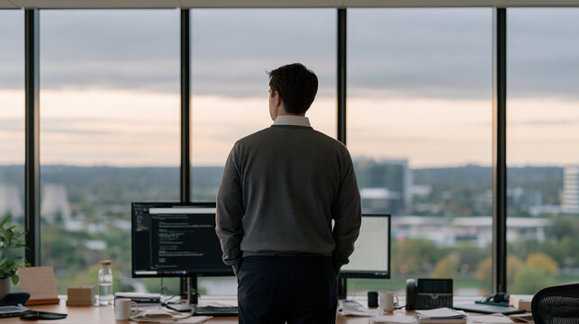 DevOps engineer standing at a floor to ceiling window under flat dramatic overcast skies, city below, reviewing deployment logs alone on a secondary monitor, a parent returning to