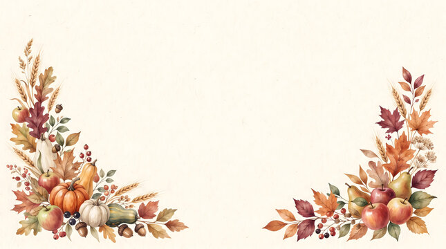 Watercolor autumn harvest frame, fall foliage border with pumpkins and apples, seasonal botanical background for thanksgiving cards