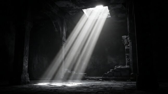 Dramatic sunlight beams piercing through a dark underground stone ruin