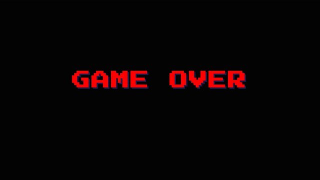 Retro game over text with insert coin message in red and yellow pixel style for arcade game design