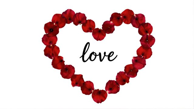 Red petals form a heart, with the word love elegantly centered inside.