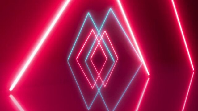 Infinite tunnel of glowing red and blue triangular neon lights reflecting on a dark floor triangle reflection
