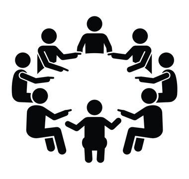 Corporate business team roundtable meeting silhouette showing collaborative workforce brainstorming strategy panel and employee discussion vector concept illustration