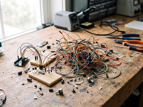 Messy electronic workbench with breadboards and tangled jumper wires.