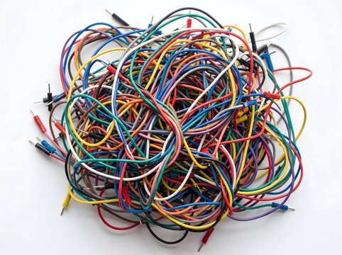 Tangled colorful jumper wires forming messy knot for electronics project.