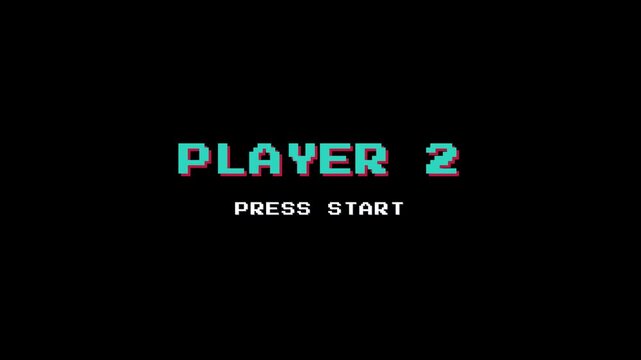 Retro player two text with press start message in teal and red pixel style for arcade game design